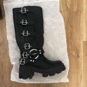 Fashion Nova Black Over the Knee Buckle Boots